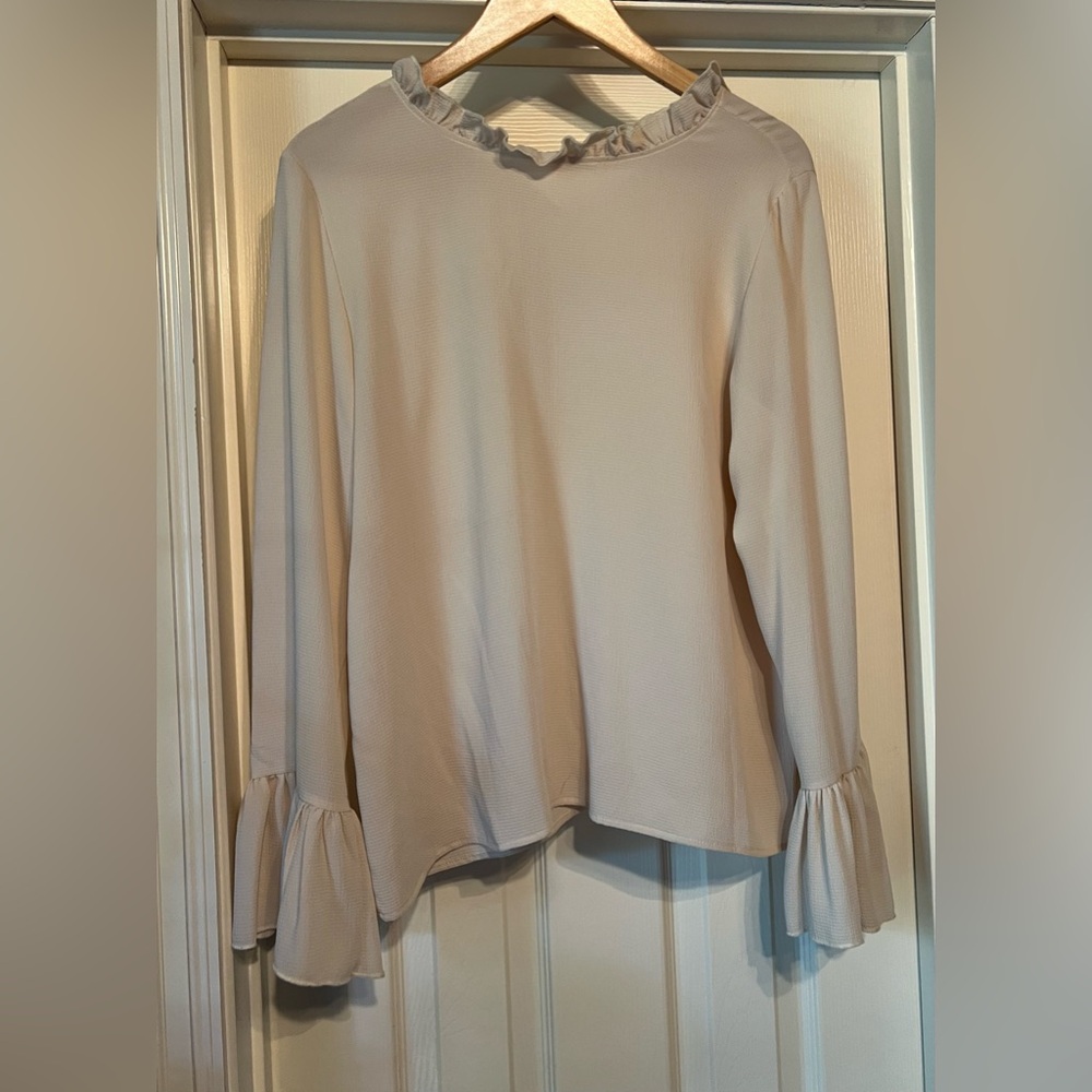 Adrienne Women’s White Cream Long Bell Sleeve and Frill Neck Blouse Shirt Top